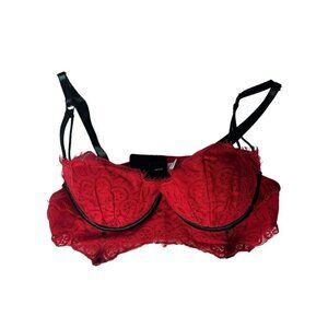 Frederick's Of Hollywood S‎ Red Lace Push Up Balconette Bra Longline Black Trim